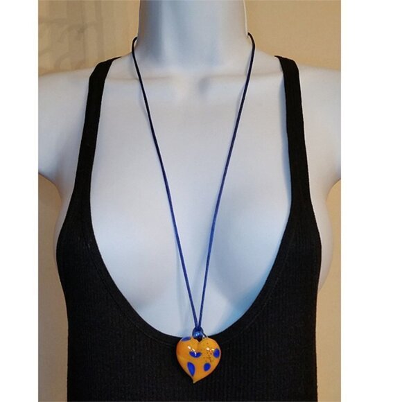 Bundle lot Art Glass Puff Heart Long Necklace + Millefiori Stretch Bracelet Boho - Picture 3 of 5